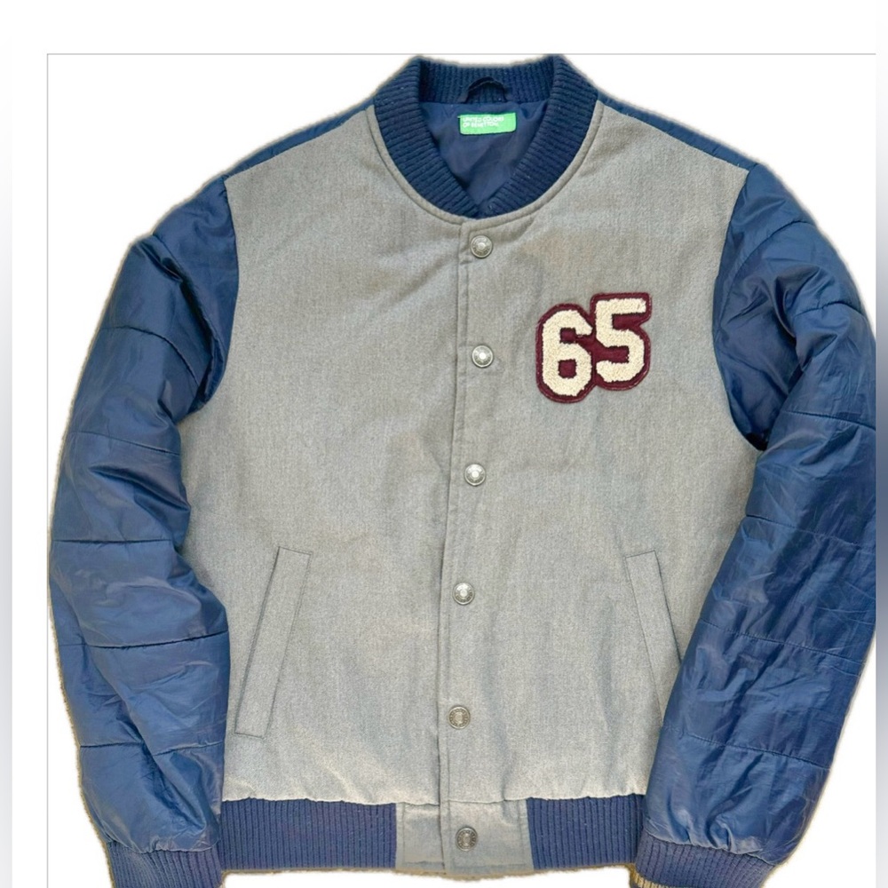 United Colors of Benetton Unisex Vintage Varsity Jacket – Gray & Navy Bomber - Picture 3 of 9